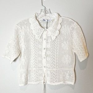 Zara Peter Pan Collar Knit Cropped Light Sweater - Pearl Cream - Size M - NWT